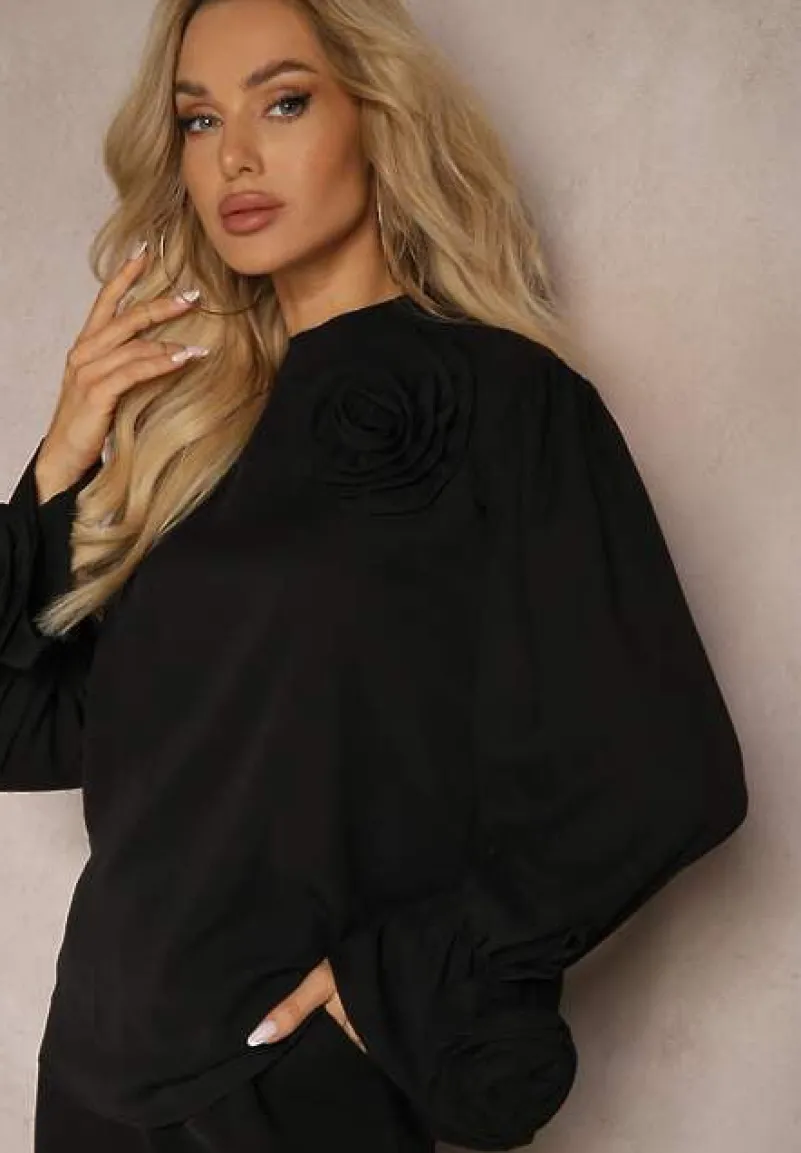 Czarna Bluzka z Dodatkiem Bawełny Ozdobiona Kwiatem 3D Merisara