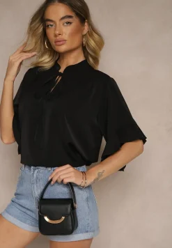 Czarna Bluzka z Falbanami i Wiązaniem Fadeassa