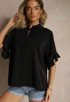 Czarna Bluzka z Falbanami i Wiązaniem Fadeassa