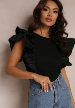 Czarna Bluzka z Falbankami Wokół Ramion i Okrągłym Dekoltem Palnn