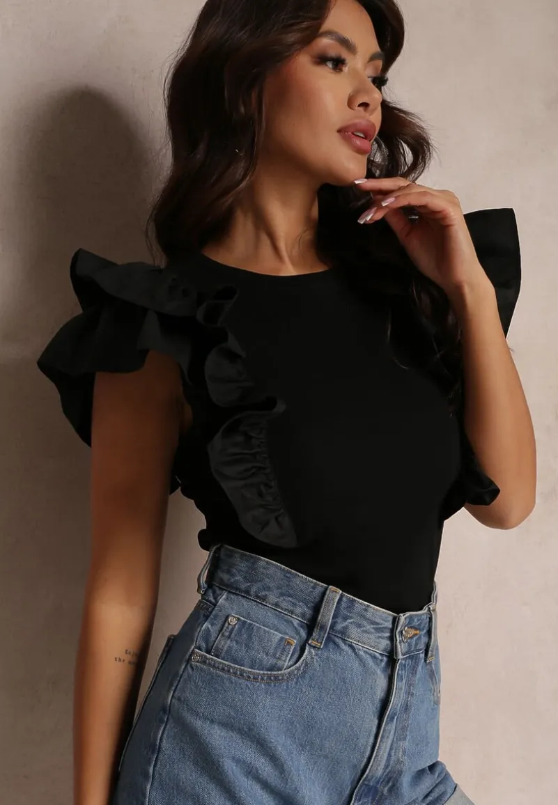Czarna Bluzka z Falbankami Wokół Ramion i Okrągłym Dekoltem Palnn