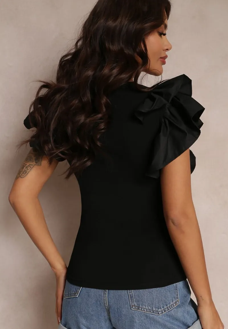 Czarna Bluzka z Falbankami Wokół Ramion i Okrągłym Dekoltem Palnn