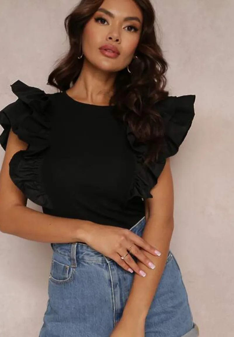 Czarna Bluzka z Falbankami Wokół Ramion i Okrągłym Dekoltem Palnn