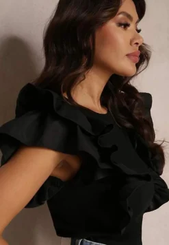 Czarna Bluzka z Falbankami Wokół Ramion i Okrągłym Dekoltem Palnn