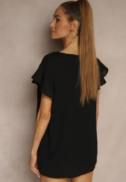 Czarna Bluzka z Falbankami Wokół Ramion i Ażurową Koronką Przy Dekolcie Dastisa