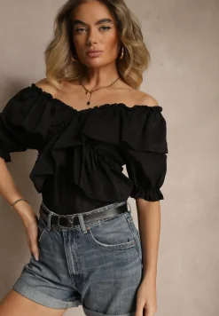 Czarna Bluzka z Falbankami i Bufiastymi Rękawami Aliviera