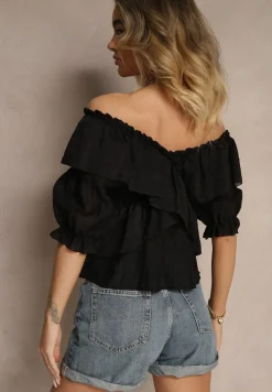 Czarna Bluzka z Falbankami i Bufiastymi Rękawami Aliviera