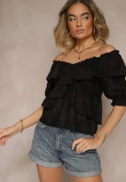 Czarna Bluzka z Falbankami i Bufiastymi Rękawami Aliviera