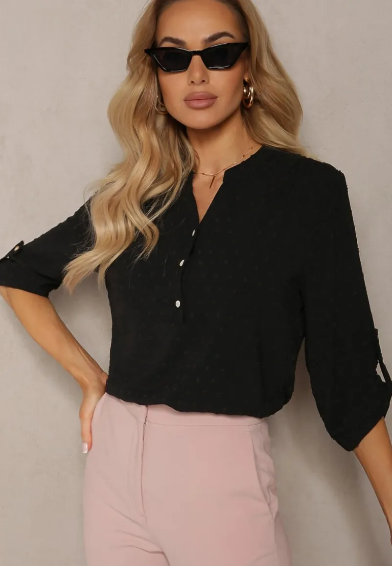 Czarna Bluzka z Guzikami z Tkaniny Plumeti Jorale