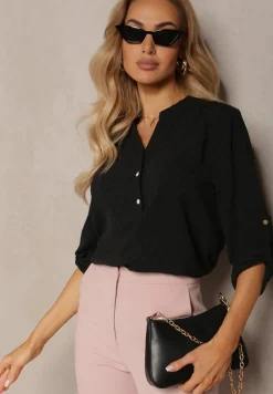 Czarna Bluzka z Guzikami z Tkaniny Plumeti Jorale