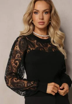 Czarna Bluzka z Koronkowymi Rękawami i Dekoltem Crasve
