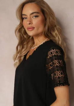 Czarna Bluzka z Krótkim Rękawem i Ażurowym Zdobieniem Gracenie