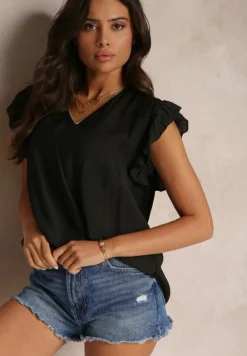 Czarna Bluzka z Metaliczną Nitką i Falbankami Dollitta