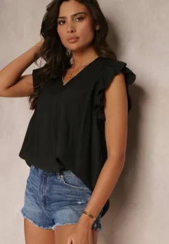 Czarna Bluzka z Metaliczną Nitką i Falbankami Dollitta