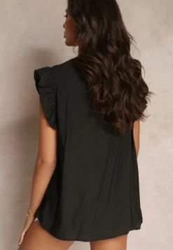 Czarna Bluzka z Metaliczną Nitką i Falbankami Dollitta