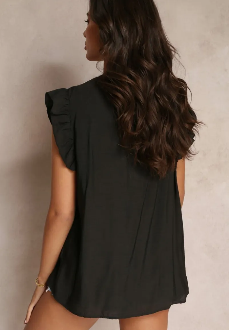 Czarna Bluzka z Metaliczną Nitką i Falbankami Dollitta