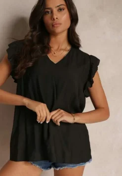 Czarna Bluzka z Metaliczną Nitką i Falbankami Dollitta