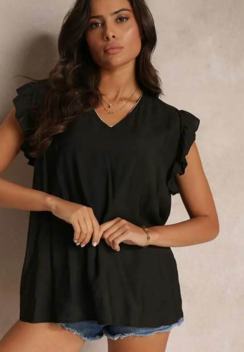 Czarna Bluzka z Metaliczną Nitką i Falbankami Dollitta