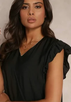 Czarna Bluzka z Metaliczną Nitką i Falbankami Dollitta