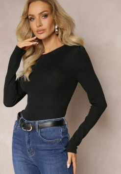 Czarna Bluzka z Ozdobną Metaliczną Nicią i Długim Rękawem Aniango