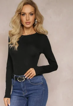 Czarna Bluzka z Ozdobną Metaliczną Nicią i Długim Rękawem Aniango