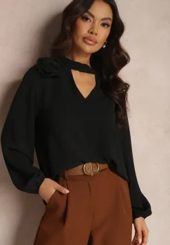 Czarna Bluzka z Ozdobnym Kwiatem Tolna