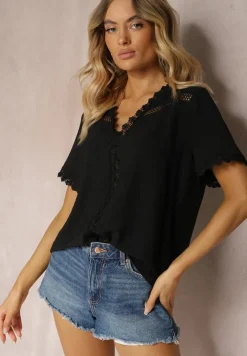 Czarna Bluzka z Ozdobnym Haftem i Dekoltem w Serek Grisevia