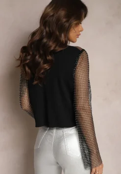 Czarna Bluzka z Topem Ozdobiona Siateczką w Cekiny Sanelia