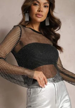 Czarna Bluzka z Topem Ozdobiona Siateczką w Cekiny Sanelia