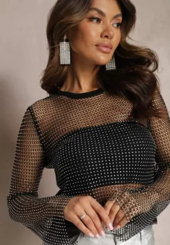 Czarna Bluzka z Topem Ozdobiona Siateczką w Cekiny Sanelia