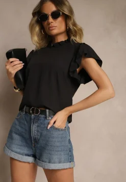 Czarna Bluzka z Wiskozą i Falbankami Greloiti