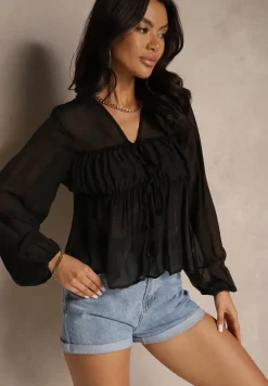 Czarna Bluzka z Wiskozą i Ozdobnym Wiązaniem z Transparentnego Materiału Rineira