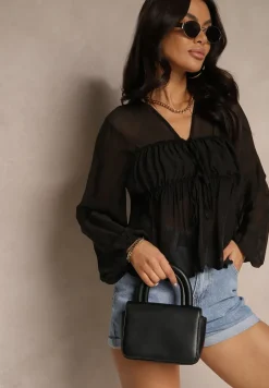 Czarna Bluzka z Wiskozą i Ozdobnym Wiązaniem z Transparentnego Materiału Rineira