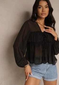 Czarna Bluzka z Wiskozą i Ozdobnym Wiązaniem z Transparentnego Materiału Rineira