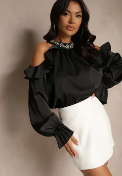 Czarna Bluzka z Wiskozą i Bawełną z Odkrytymi Ramionami i Falbankami Lavvesa