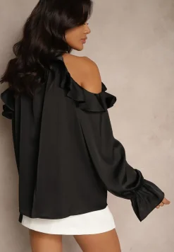 Czarna Bluzka z Wiskozą i Bawełną z Odkrytymi Ramionami i Falbankami Lavvesa