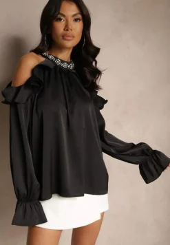 Czarna Bluzka z Wiskozą i Bawełną z Odkrytymi Ramionami i Falbankami Lavvesa