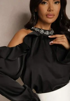 Czarna Bluzka z Wiskozą i Bawełną z Odkrytymi Ramionami i Falbankami Lavvesa