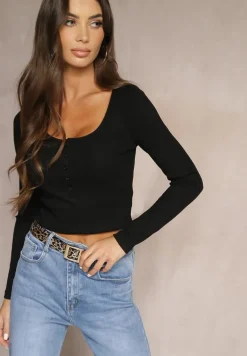 Czarna Bluzka z Wiskozą i Bawełną Ozdobiona Guzikami Florwiwi