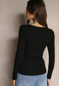 Czarna Bluzka z Wiskozą i Bawełną Ozdobiona Guzikami Florwiwi