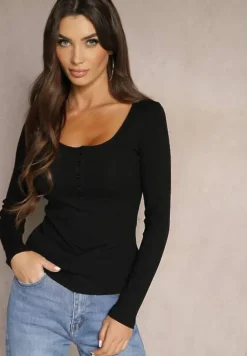 Czarna Bluzka z Wiskozą i Bawełną Ozdobiona Guzikami Florwiwi