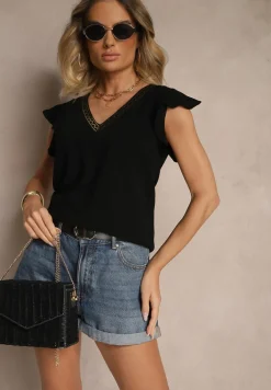 Czarna Bluzka z Wiskozą Lnem i Haftem Novillara