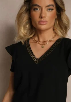 Czarna Bluzka z Wiskozą Lnem i Haftem Novillara