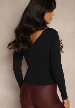 Czarna Bluzka z Wiskozą o Asymetrycznym Kroju z Kwiatem 3D Noradi
