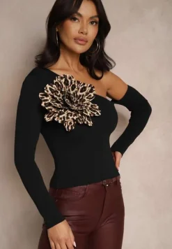 Czarna Bluzka z Wiskozą o Asymetrycznym Kroju z Kwiatem 3D Noradi
