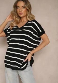 Czarna Bluzka z Wiskozą Oversize Ozdobiona Paskami Tasvesia