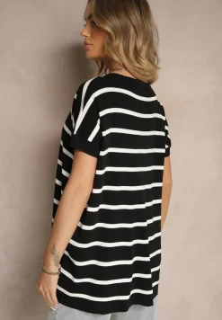 Czarna Bluzka z Wiskozą Oversize Ozdobiona Paskami Tasvesia