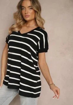 Czarna Bluzka z Wiskozą Oversize Ozdobiona Paskami Tasvesia