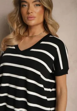 Czarna Bluzka z Wiskozą Oversize Ozdobiona Paskami Tasvesia