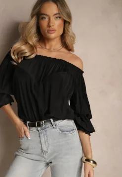 Czarna Bluzka z Wiskozą Ozdobiona Falbanami Melzivia